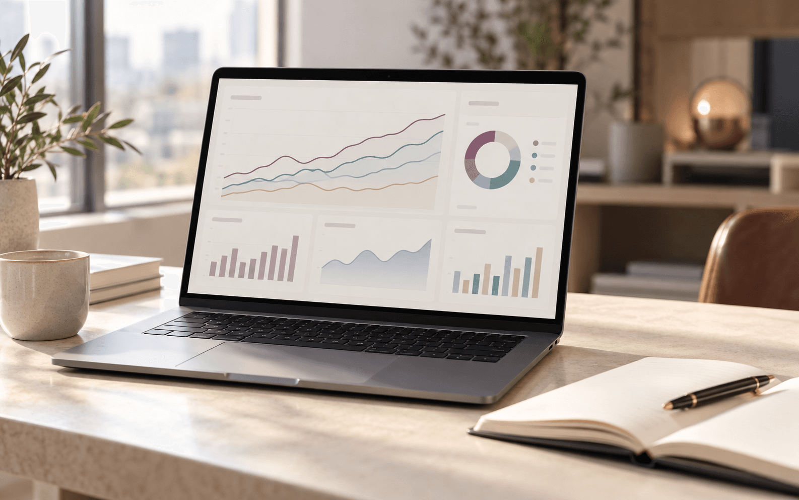 Conceptual laptop and analysis-screen photograph illustrating AI answer measurement