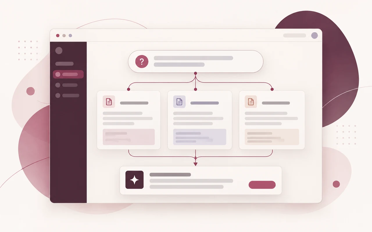 Conceptual SaaS illustration connecting patient questions, informational content, and external sources to AI recommendations